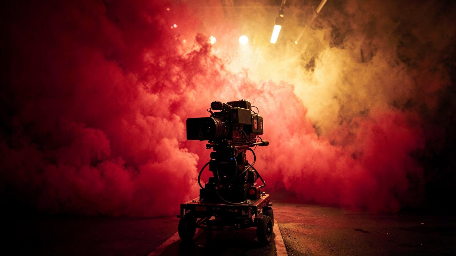 Cinema camera on a dolly in red smoke